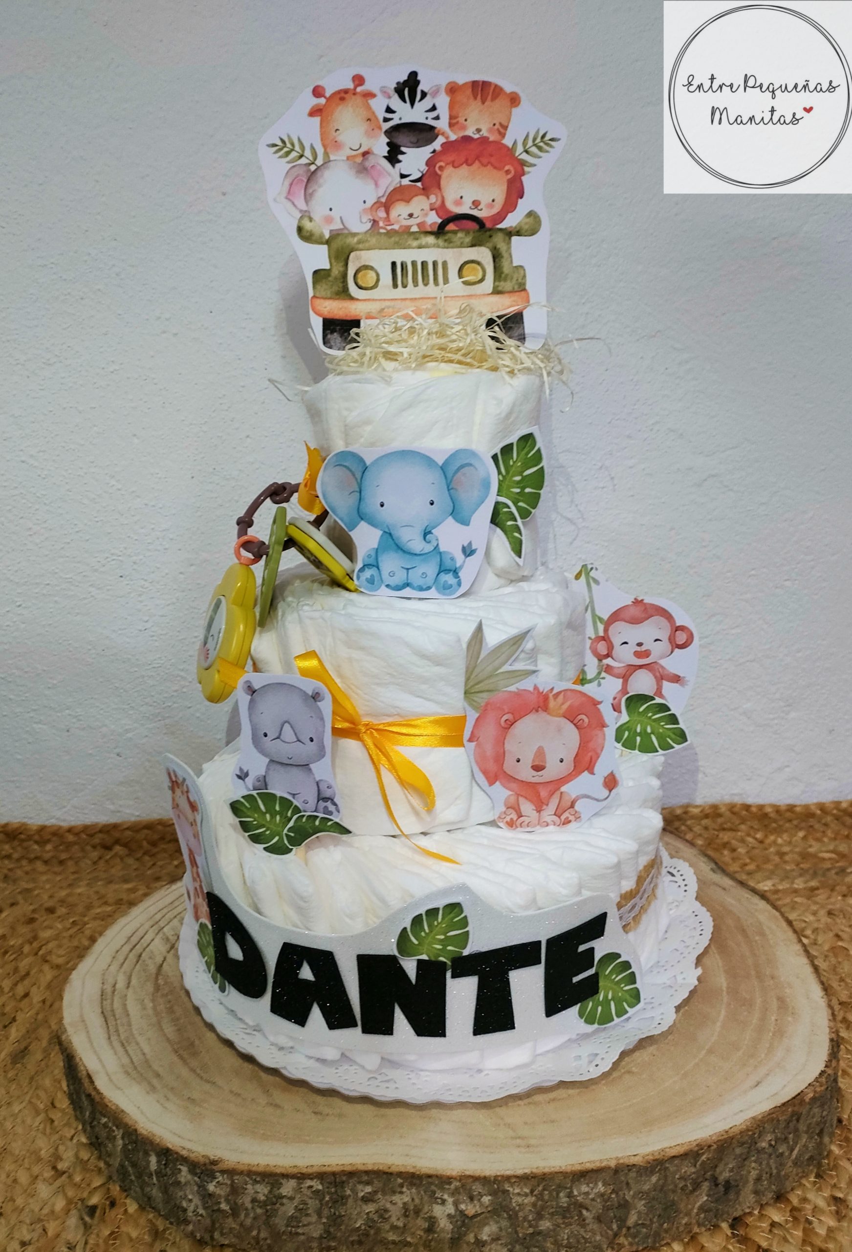 Tarta de pañales personalizada safari – Entre Pequeñas Manitas